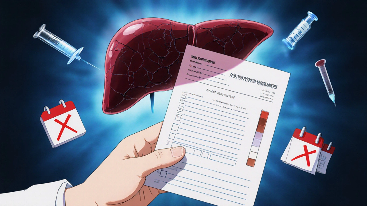 A blood test report with high liver enzymes and a glowing damaged liver symbol in the background.