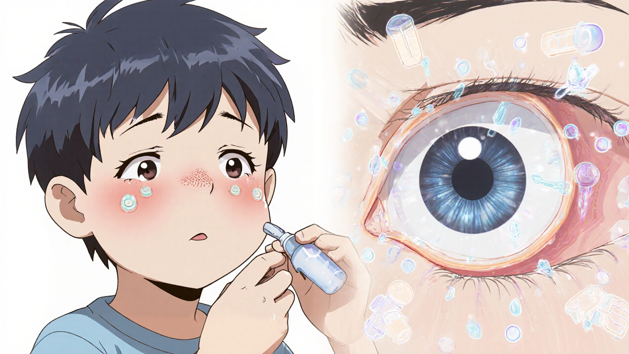 A child using eye drops for uveitic glaucoma, with an anatomical overlay illustrating safe pressure reduction.