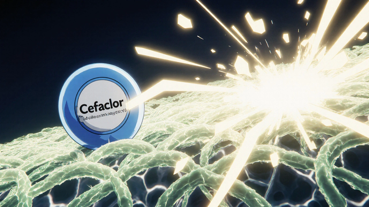 Animated view of Cefaclor binding to a bacterial cell wall, causing it to break.