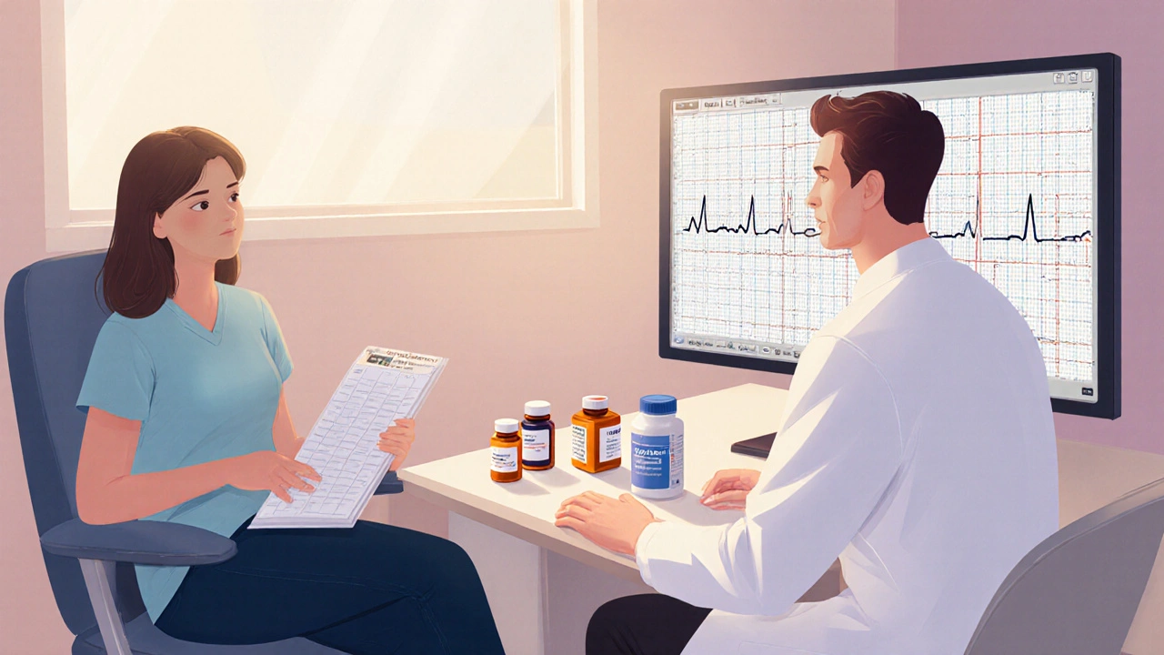 Cardiology consultation scene with patient, doctor, ECG monitor, and various pill bottles on the table.