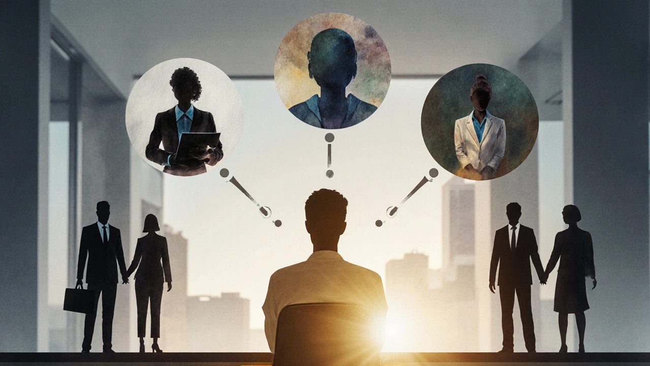 Collage showing worker surrounded by medical, legal, and peer support figures.