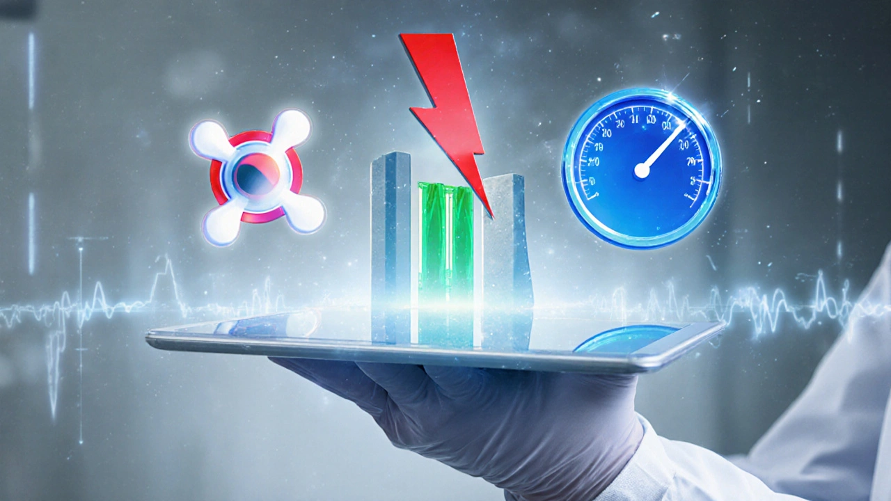 Concept art of three drug symbols: sodium current block, potassium channel opening, heart‑rate control, with a hand holding a tablet.