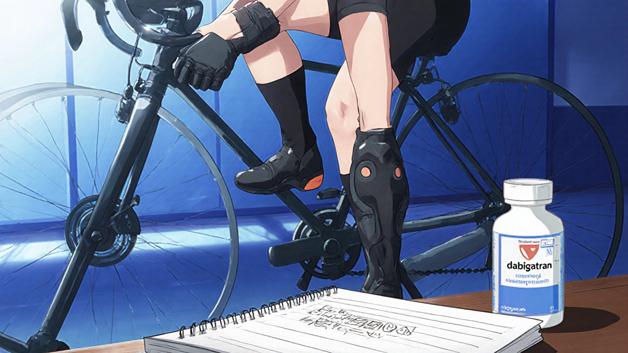 Cyclist in gym wearing protective gear with dabigatran bottle nearby.