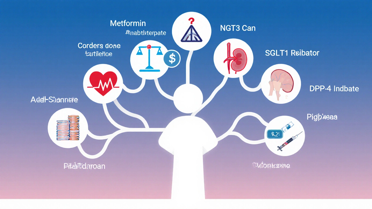 Decision tree illustration showing drug options and health factors for diabetes.