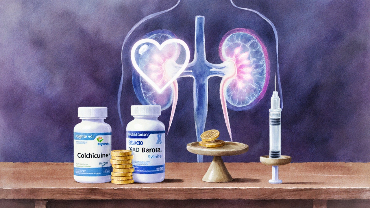Doctor&#039;s desk with medication bottles, syringe, scale balancing cost and health, kidney outline.
