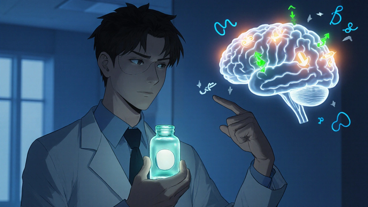 Doctor holding an aripiprazole bottle beside a glowing brain model highlighting dopamine receptors.