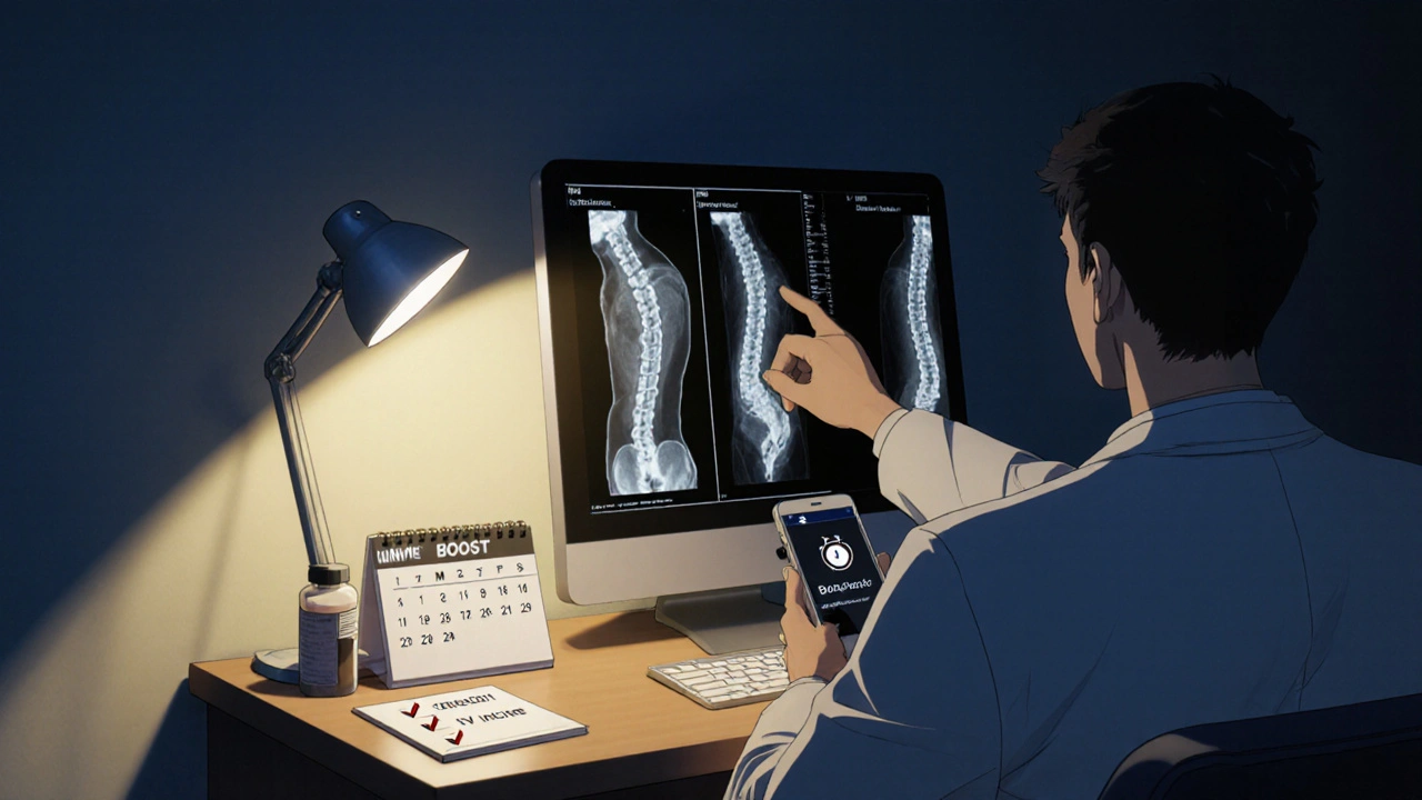 Doctor reviews DXA scan with patient, phone alarm reminder, and pill bottle on desk.
