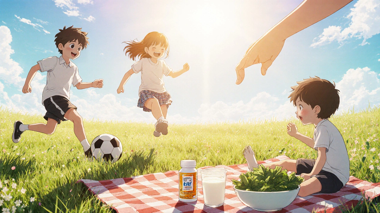 Family outdoors playing soccer and sharing fortified foods under sunny sky.