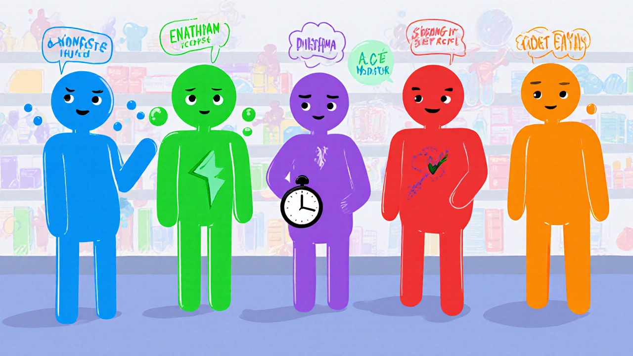 Five drug characters represent different meds, each with visual cues for side effects.