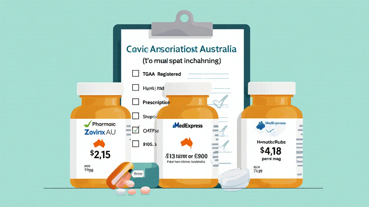 Flat‑lay of three generic Zovirax bottles with price tags and a checklist.