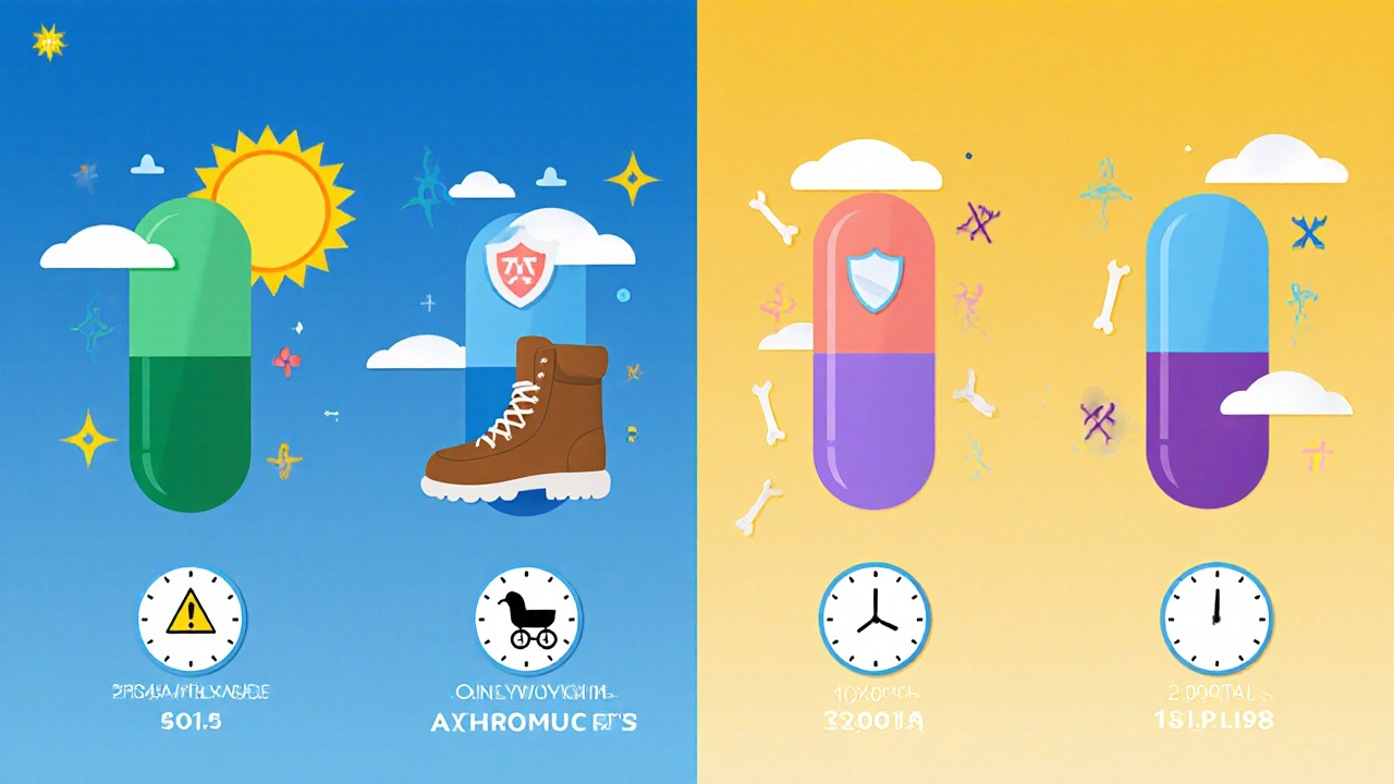 Four colored pill capsules with icons for sun, hiking boot, baby carriage, and bone.