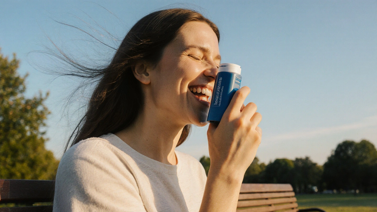 Happy individual outdoors holding an albuterol inhaler, breathing freely.