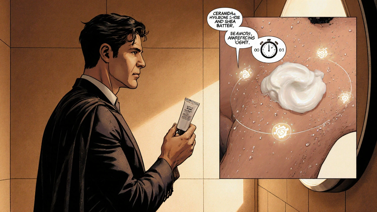 Hero applies ceramide cream in a bathroom, with close‑ups of ingredients and a timer.