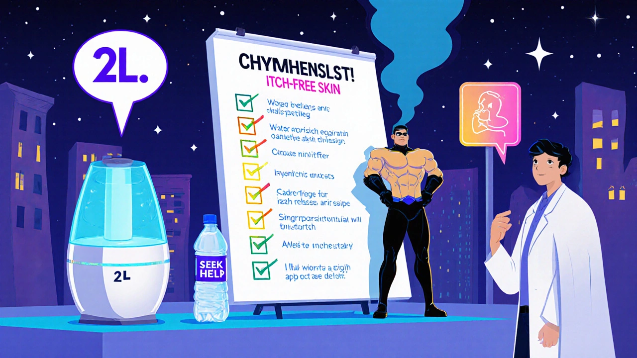 Hero checks a bright checklist beside a humidifier and receives advice from a dermatologist.