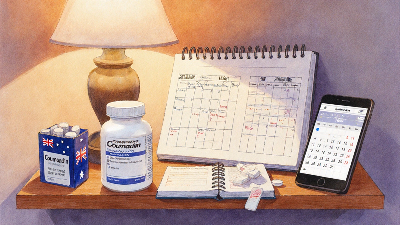 Home pharmacy setup with Coumadin bottle, INR log, calendar, and delivery box.