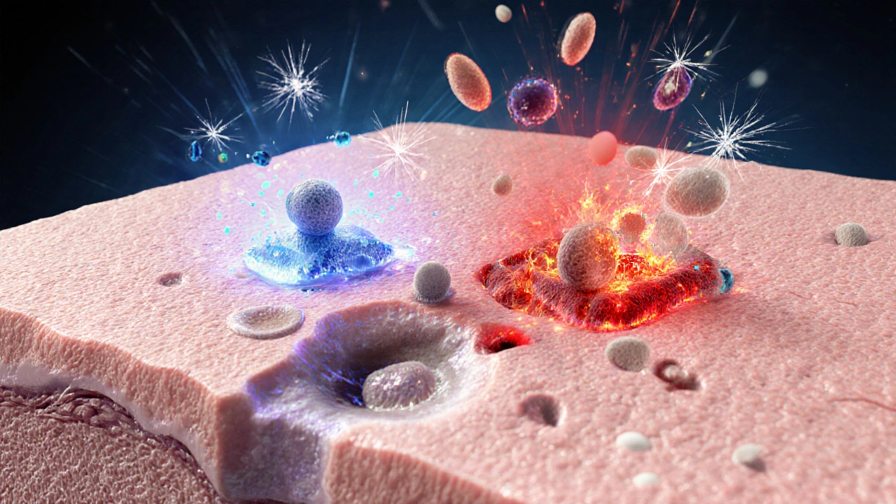 Illustration of immune cells reacting to imiquimod on skin layers.