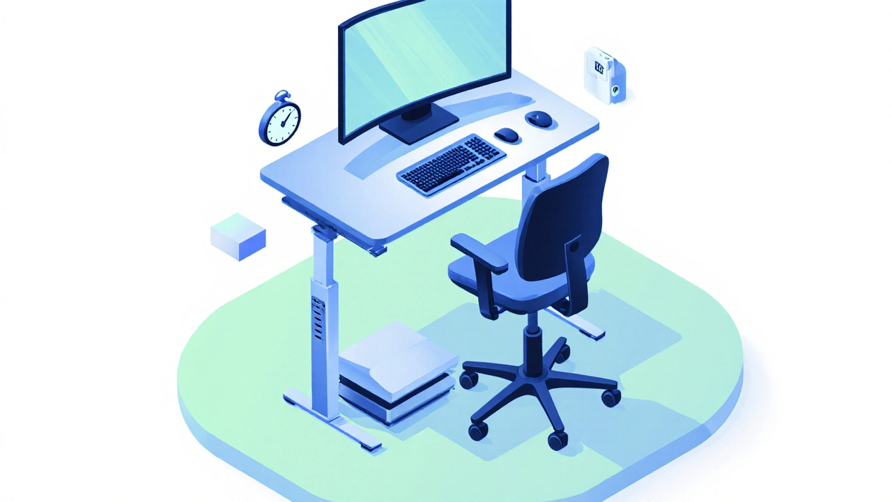Isometric view of ergonomic desk setup with monitor, weighted keyboard, and footrest.