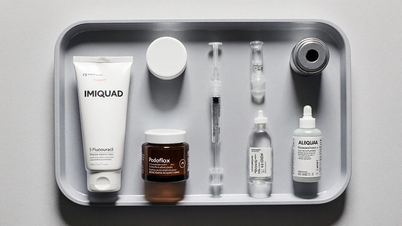 Overhead view of various skin lesion treatment products on a tray.