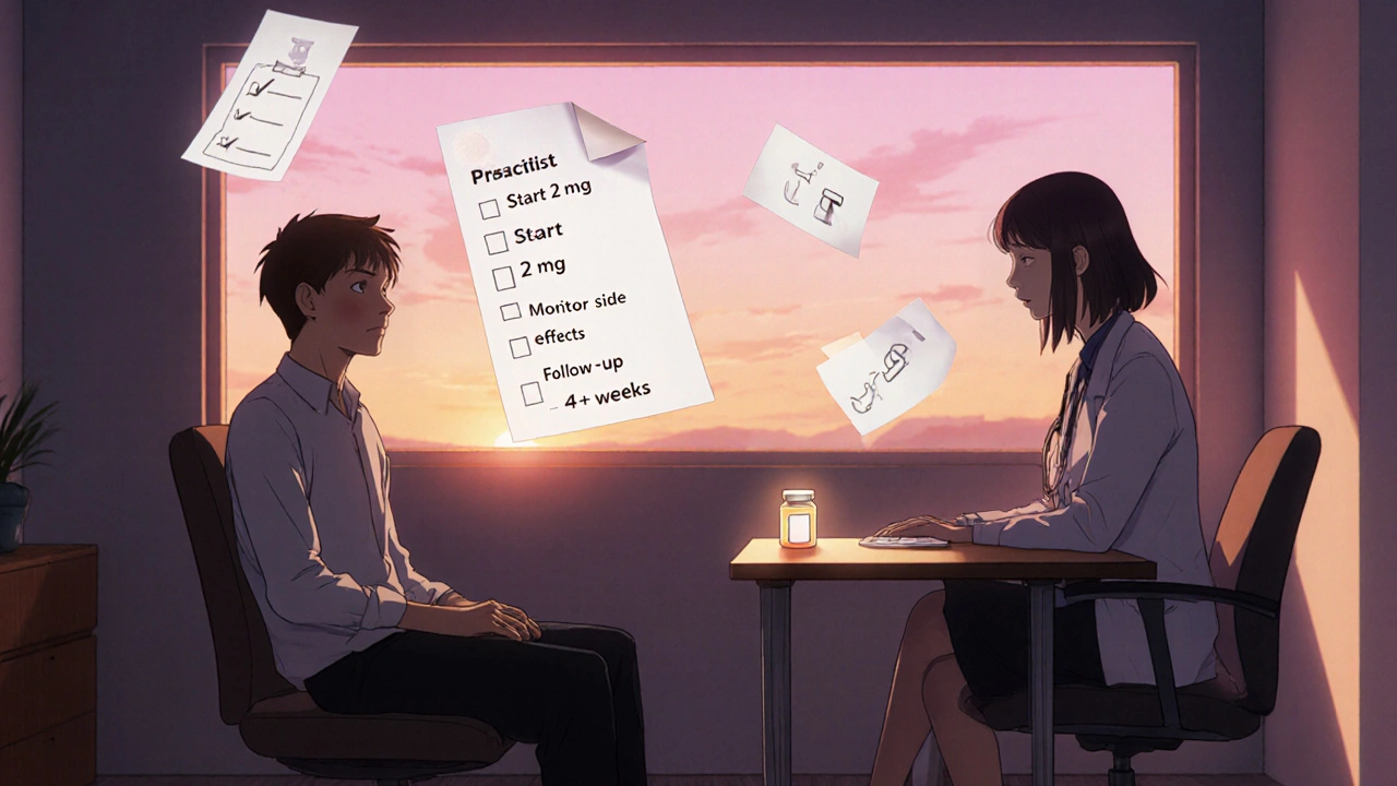 Patient and psychiatrist discussing treatment with a floating checklist and sunrise lighting.