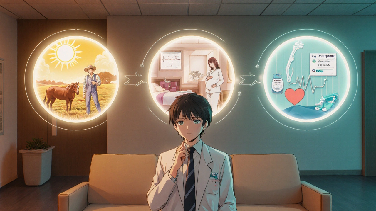 Patient choosing between three animated paths: outdoor, pregnant, and hospital.