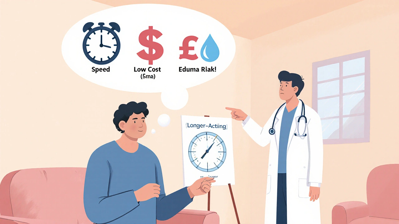Patient thinks about speed, cost, and edema while a doctor explains options.
