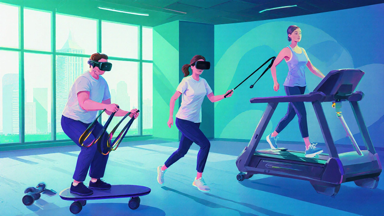 Patient uses resistance bands, balance board, VR, and assisted treadmill in rehab gym.