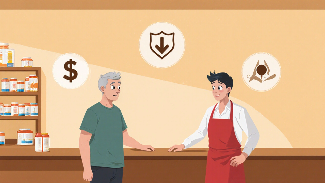 Pharmacy counter where a patient and pharmacist discuss antibiotic options.