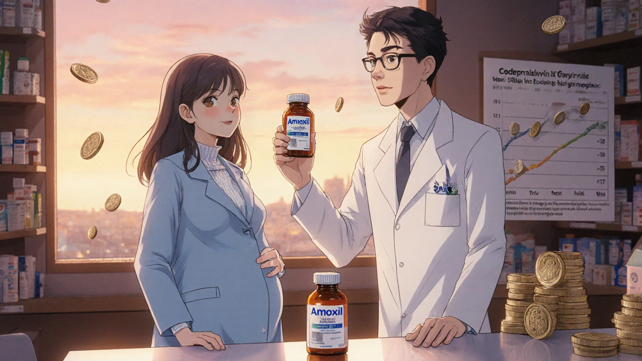 Pregnant woman and pharmacist discussing Amoxil and azithromycin at a warm-lit pharmacy counter.