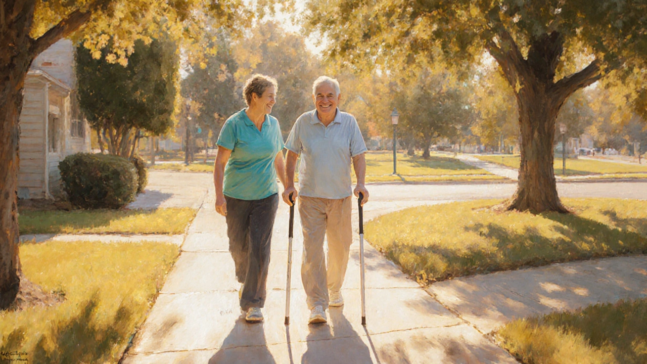 Recovered patient walks outside with a cane, accompanied by a caregiver.