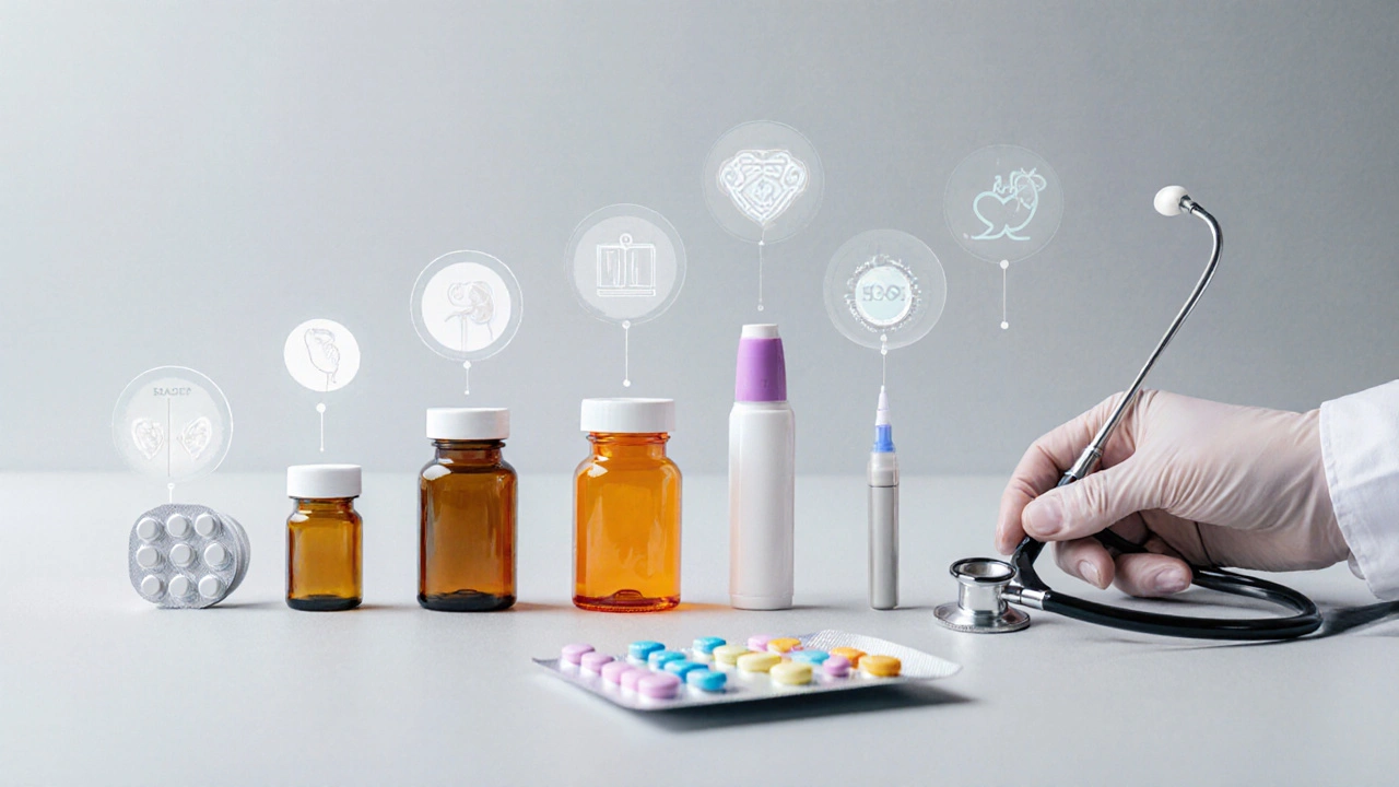 Row of diabetes medication bottles and pen with icons representing benefits.