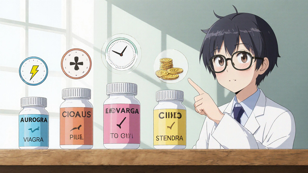 Row of five colorful pill bottles with icons for speed, duration, and cost.