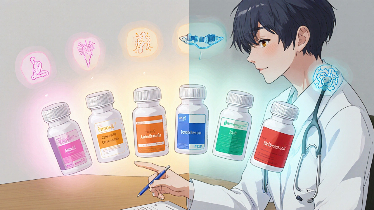 Seven antibiotic bottles fanned out on a doctor's desk with icons for spectrum and side effects.