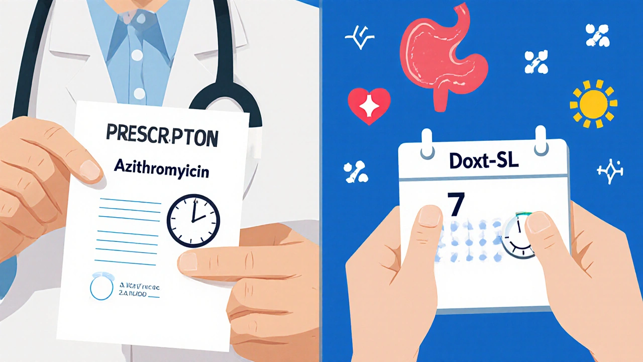 Split scene comparing 3-day azithromycin vs 7-day doxycycline treatment