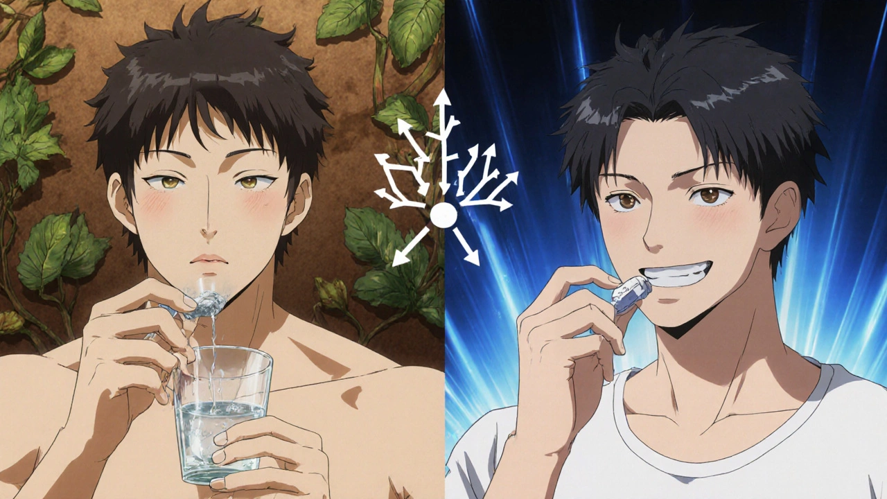 Split scene of a man choosing between a supplement powder and an Aurogra tablet.