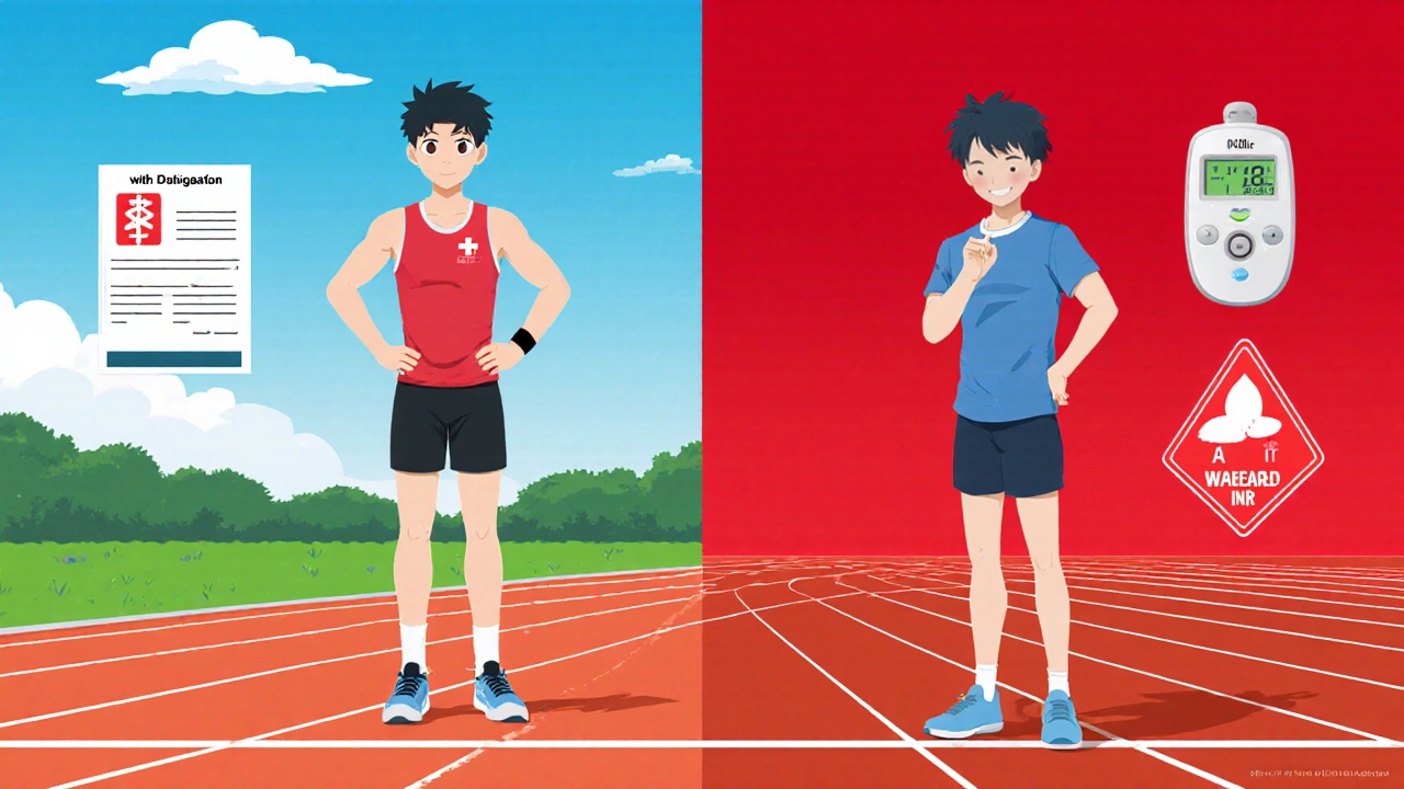 Split-screen comparing athletes on dabigatran versus warfarin training.
