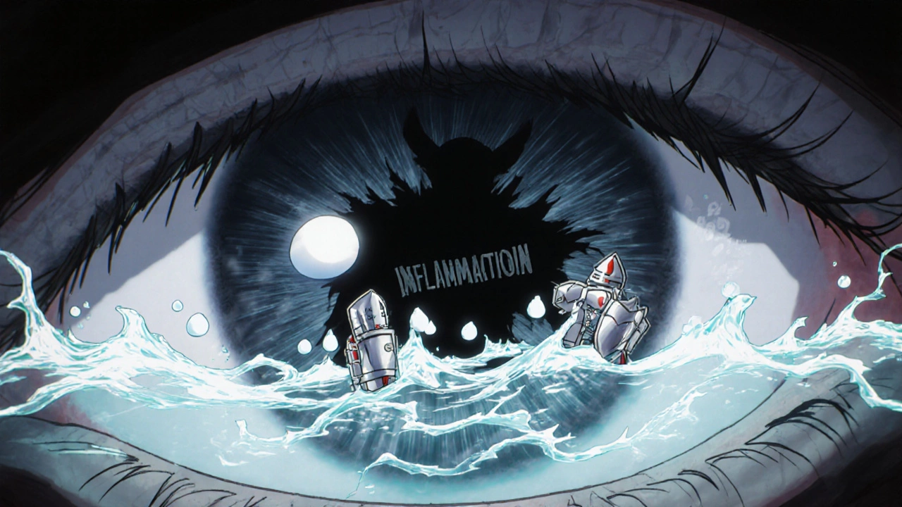 Symbolic anime battle inside the eye: dorzolamide knights lowering fluid against a shadowy inflammation monster.