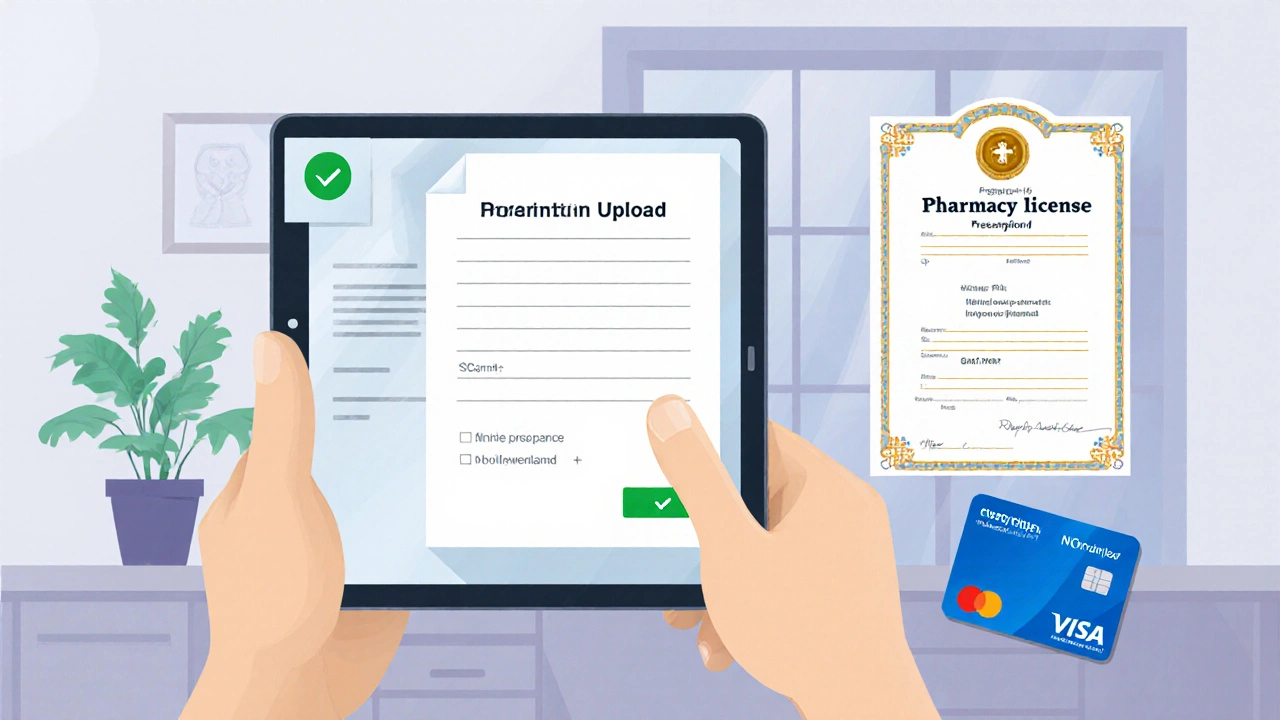 Tablet showing prescription upload and pharmacy license icons, indicating safe purchase.