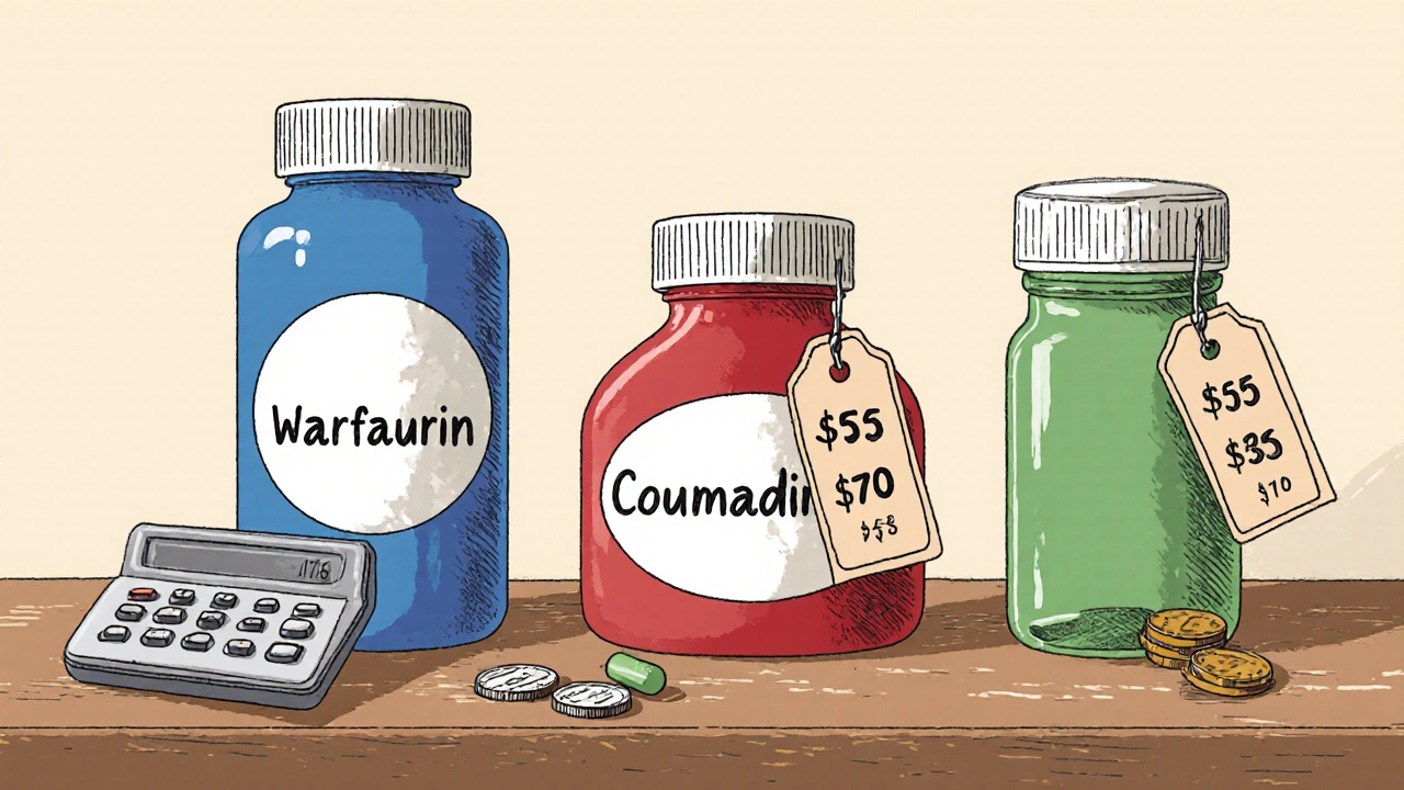 Three medication bottles with price tags illustrate cost differences between generic and brand drugs.