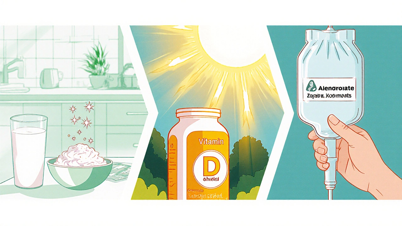 Three panels showing calcium sources, vitamin D sunshine, and bisphosphonate tablets/IV bag.