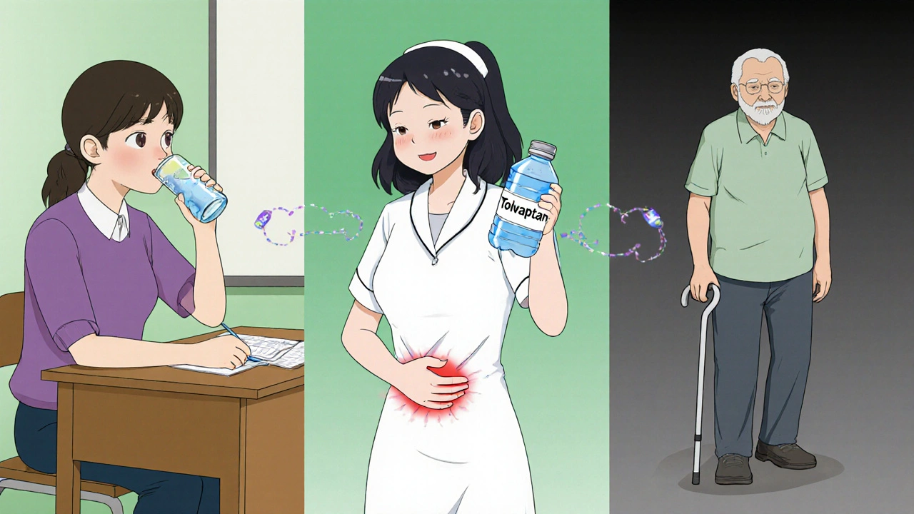 Three patients impacted by tolvaptan, each facing different challenges in their daily lives.