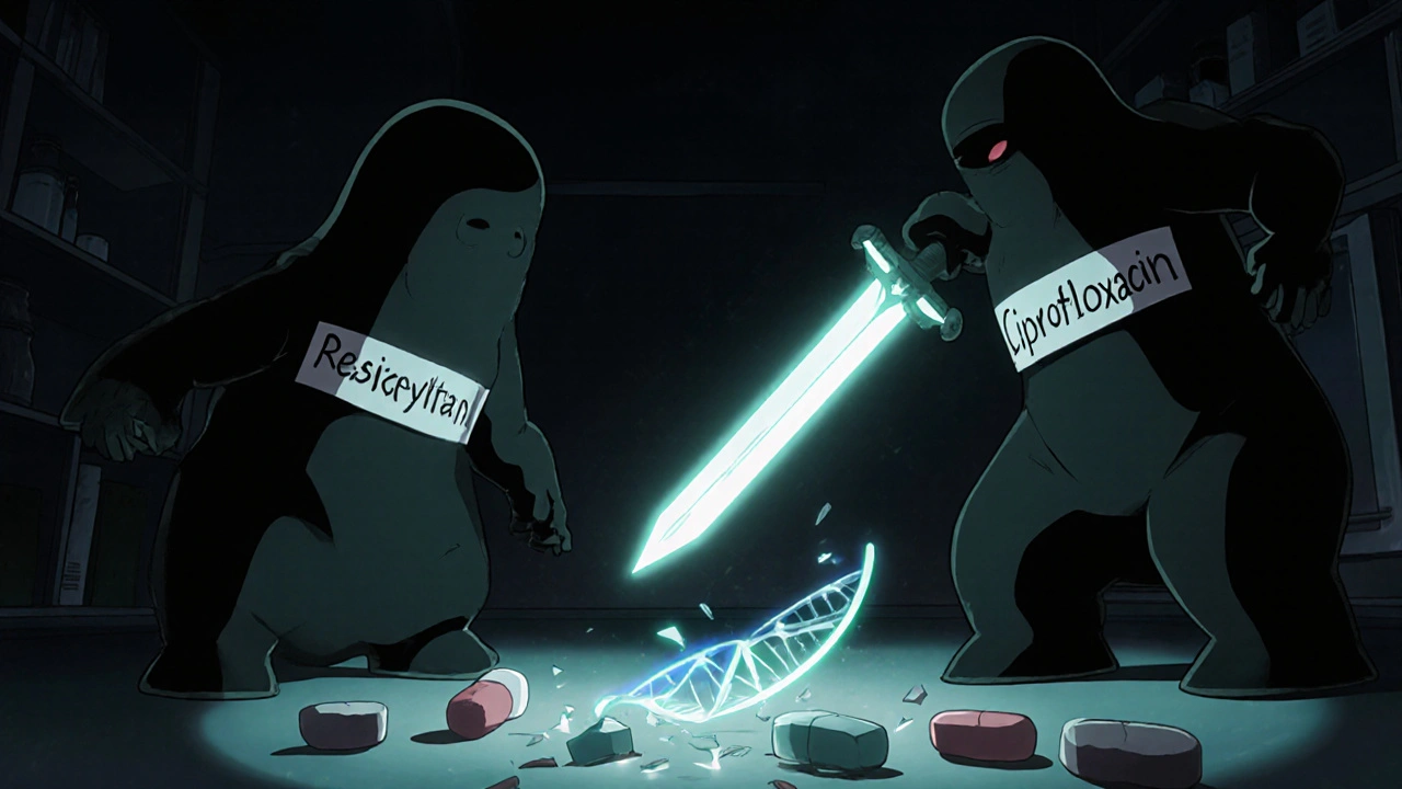 Warrior with ciprofloxacin sword fighting resistant bacteria in a lab