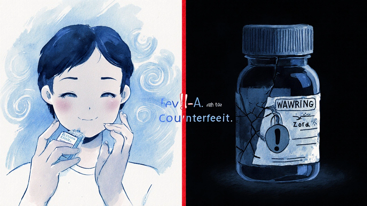 Watercolor split scene of a person taking medication versus a counterfeit pill warning.