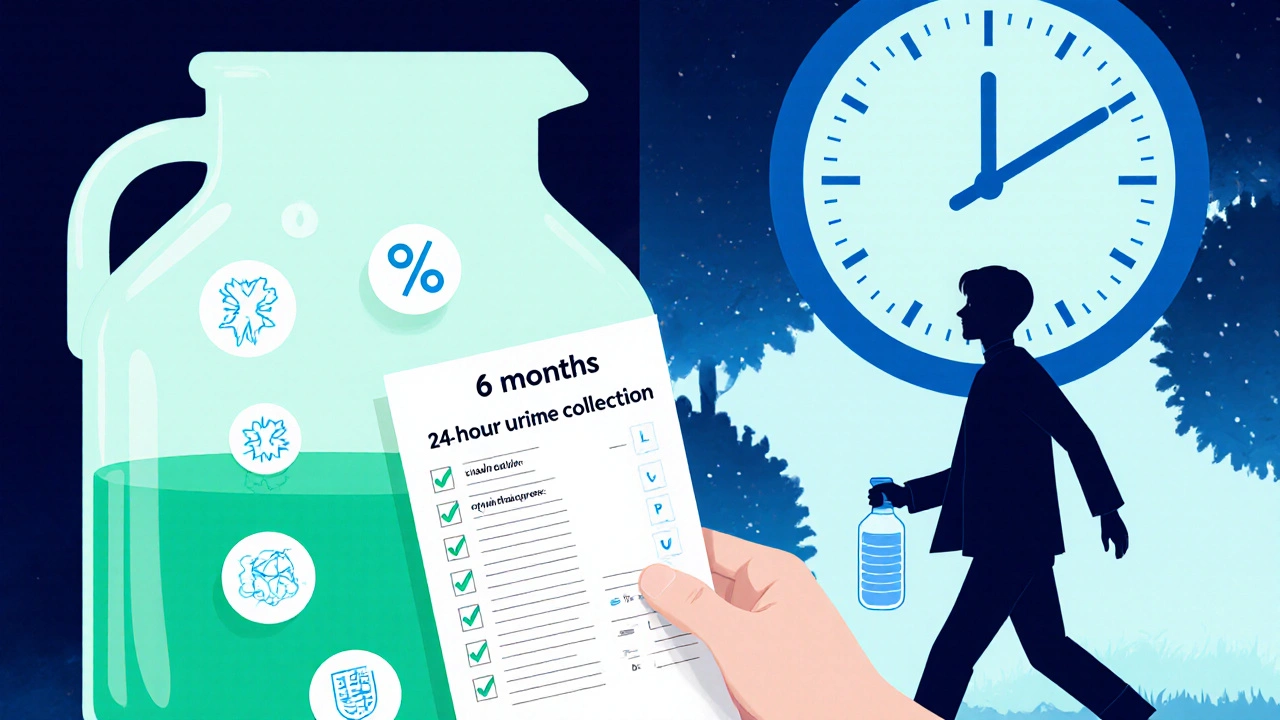 24-hour urine test results glowing with positive markers, representing successful dietary management.
