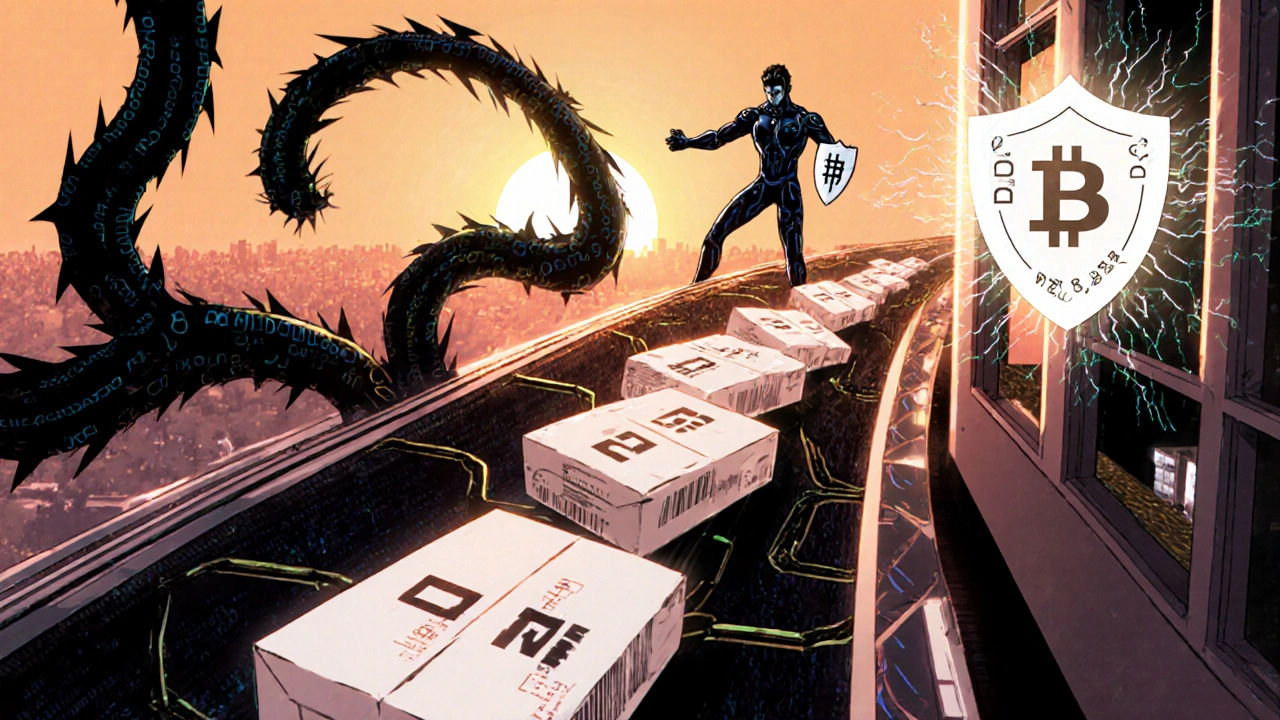 A cyberattack on a drug tracking network repelled by an AI shield made of blockchain chains, with verification icons restoring.