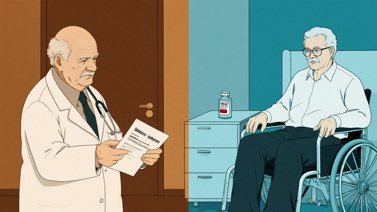 A doctor prescribes statins to an elderly man; years later, he has ALS but continues taking the medication.