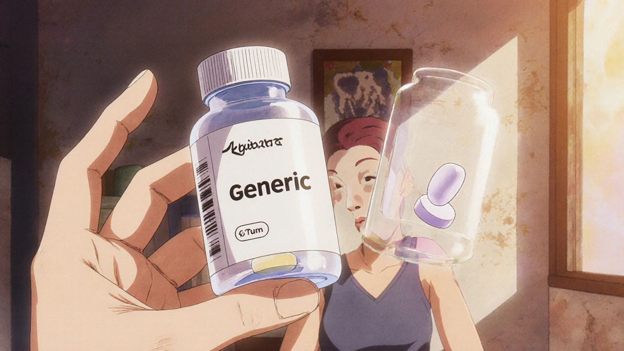 A person holding a generic pill bottle with a translucent image of the branded version beside it.