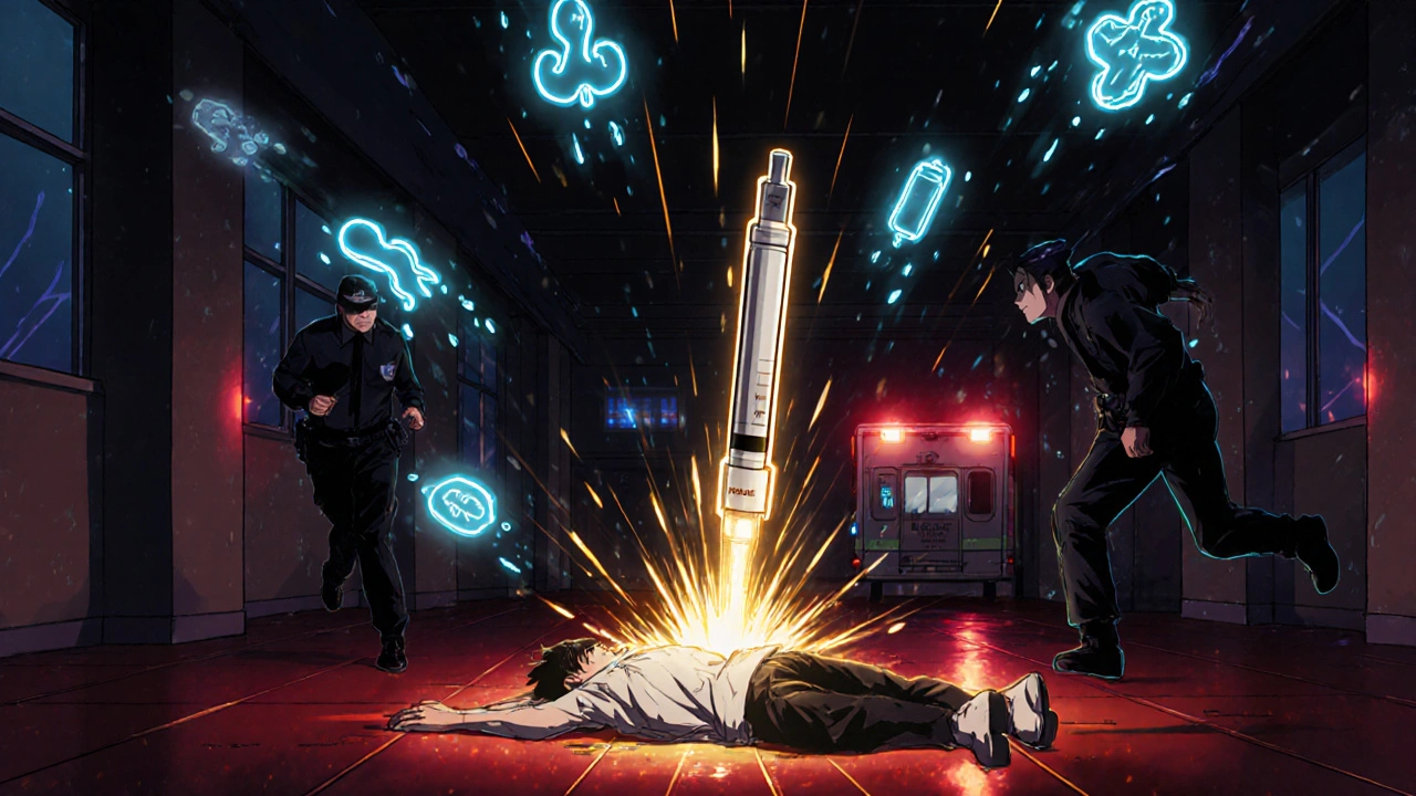 A person receiving an EpiPen injection in an ER, glowing allergen icons rising as paramedics rush in.