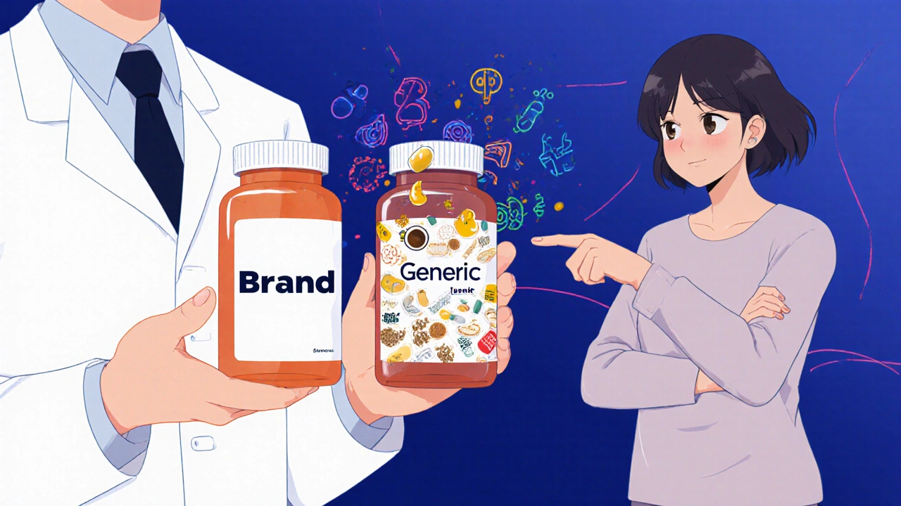 A pharmacist comparing two pill bottles, one brand and one generic, with swirling allergen symbols around the generic.