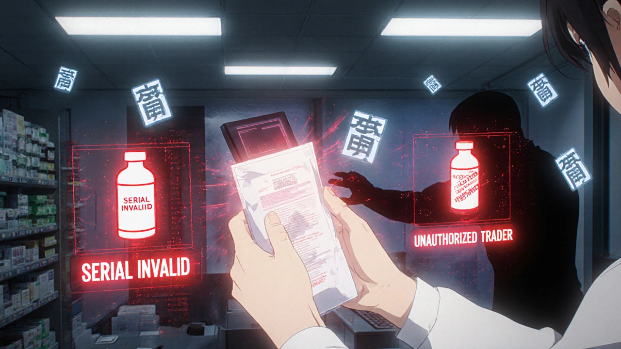A pharmacist scanning a drug package as red system alerts flash, with digital data streams surrounding the scene.
