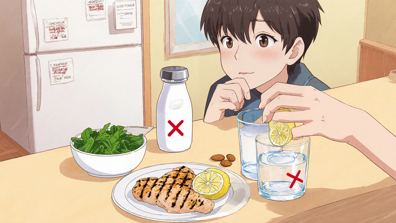 Balanced meal with yogurt, spinach, almonds, lemon water, and small chicken portion for kidney stone prevention.